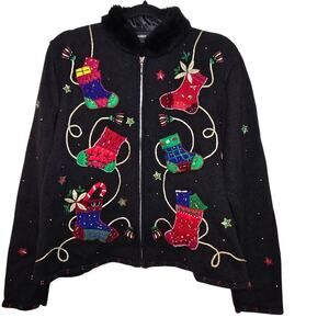 Hampshire‎ Studio Vintage Holiday Sweater Zip Front Faux Fur Womens Size Large